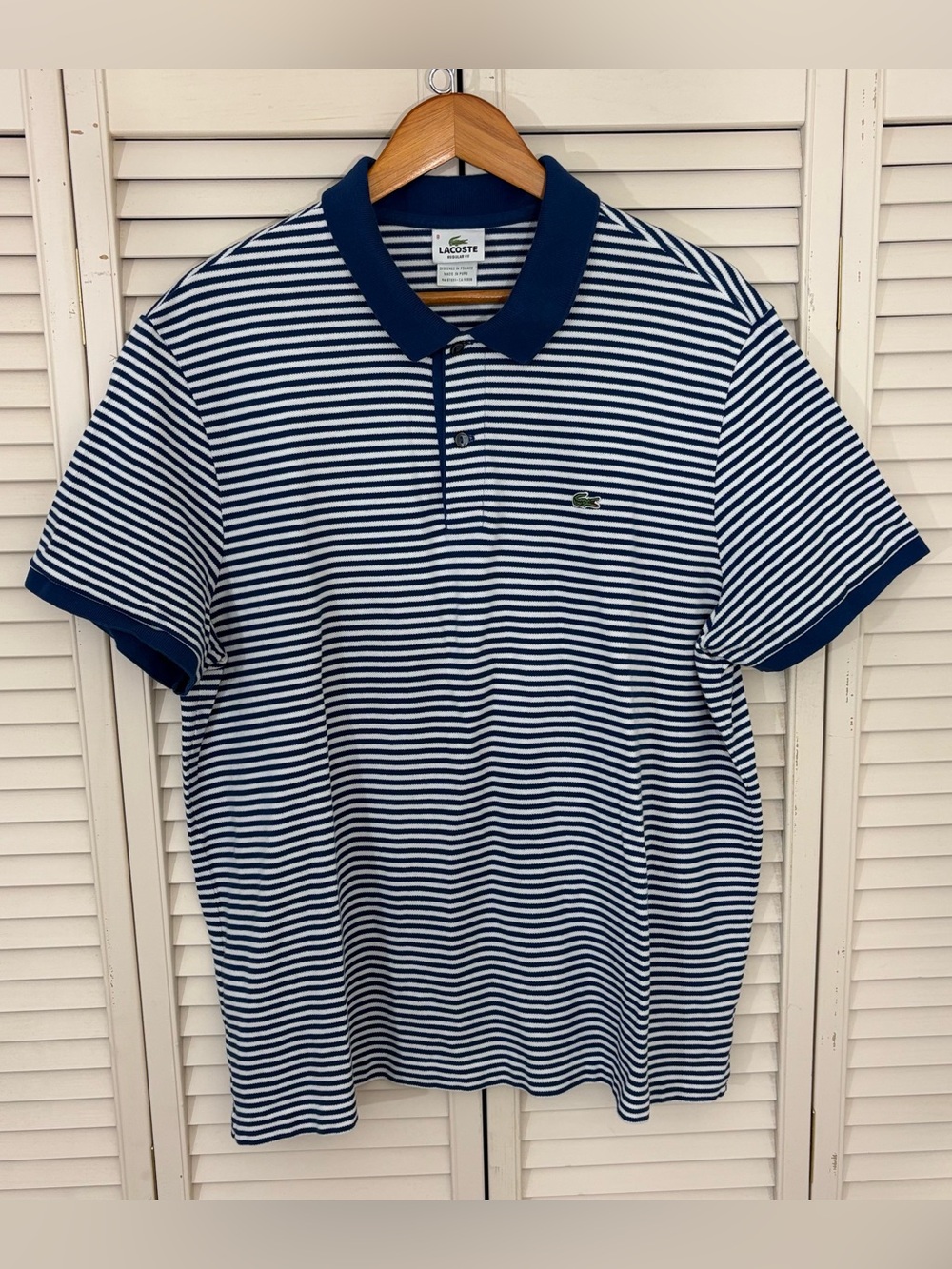 Lacoste Polo Shirt Mens XL EU 8 Blue White Striped Regular Fit Short Sleeve Knit